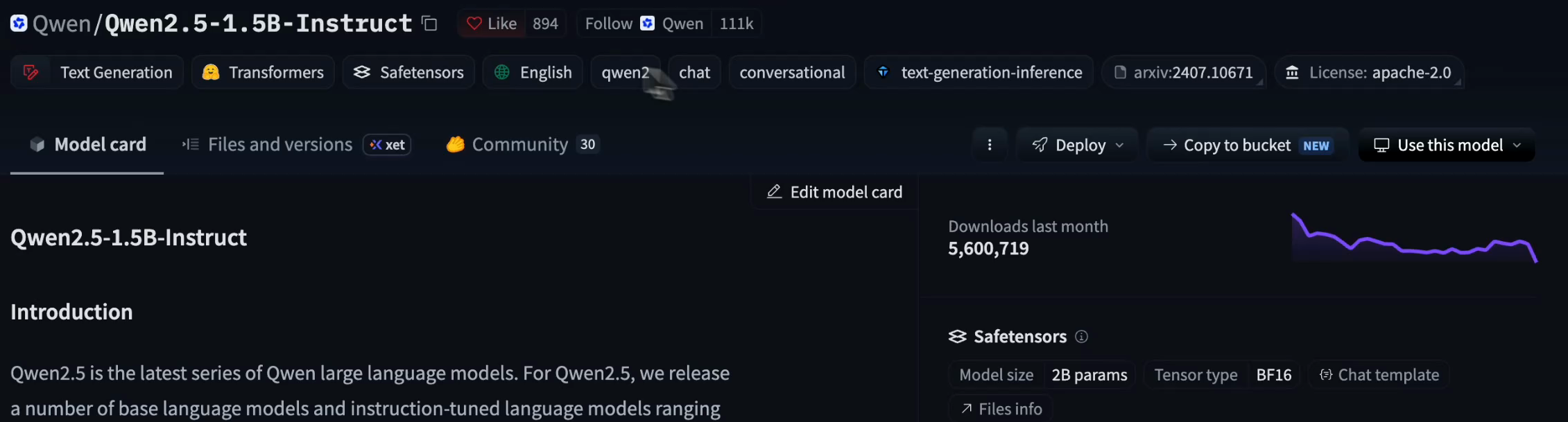 The Qwen2.5-1.5B-Instruct model card shown during the recording, including its safetensors format and Apache 2.0 license tag.