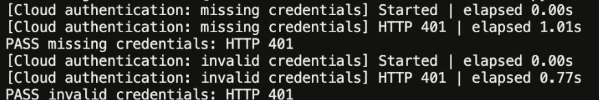 The recorded security check reports HTTP 401 for both missing credentials and deliberately invalid credentials.