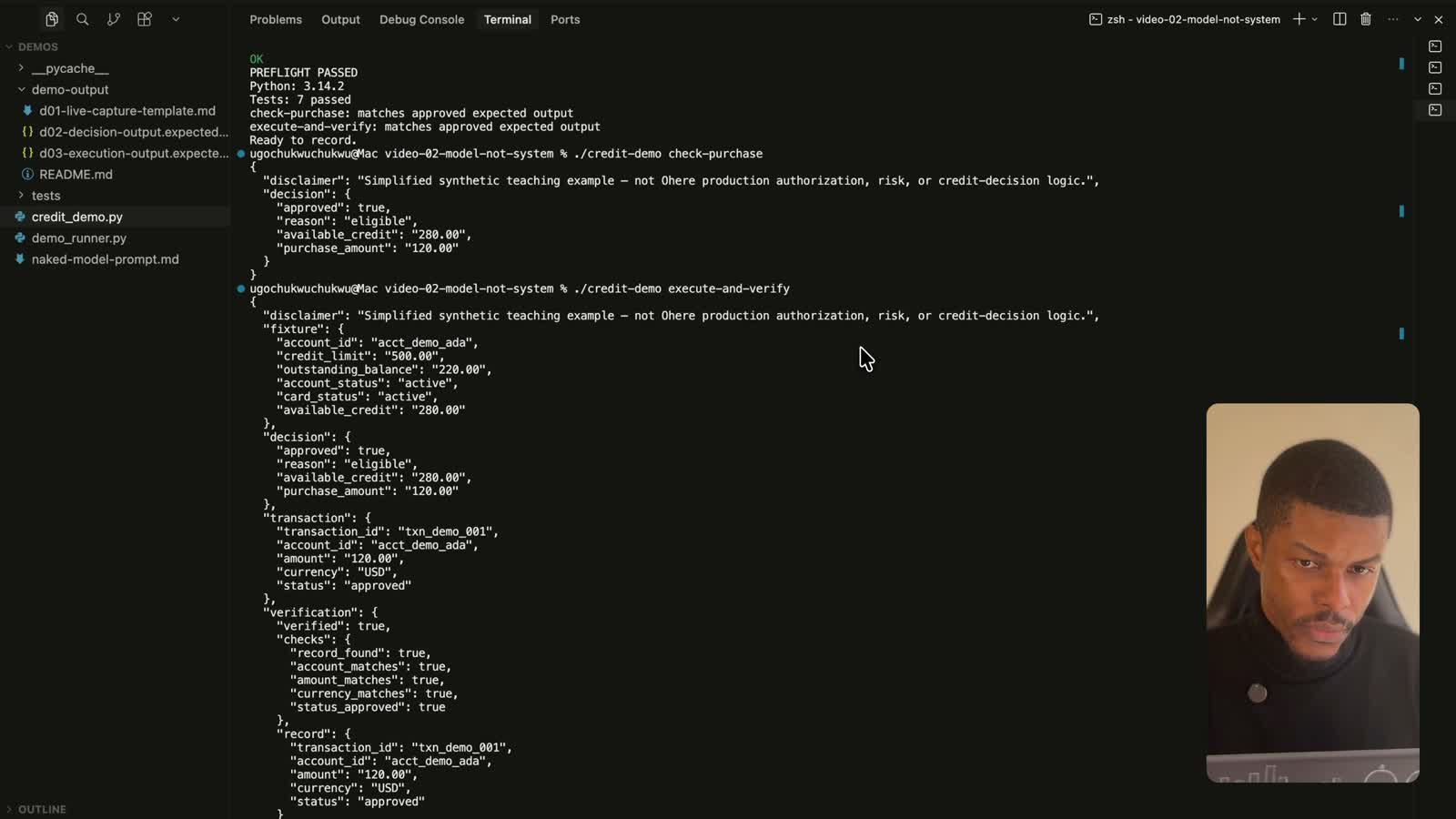 The recorded terminal showing synthetic decision, execution, and verification outputs.
