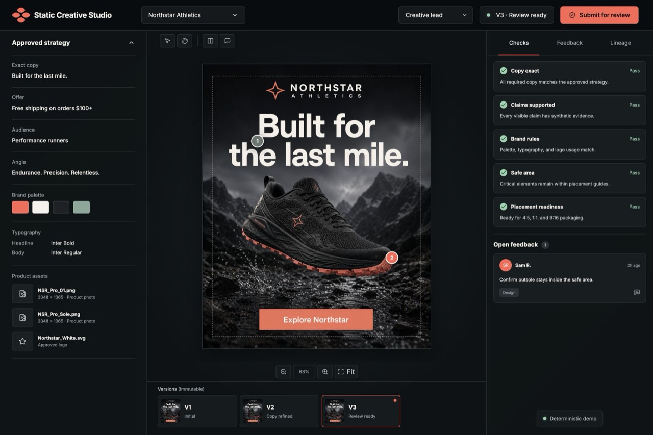 Static ad production studio showing ad versions and pinned review annotations