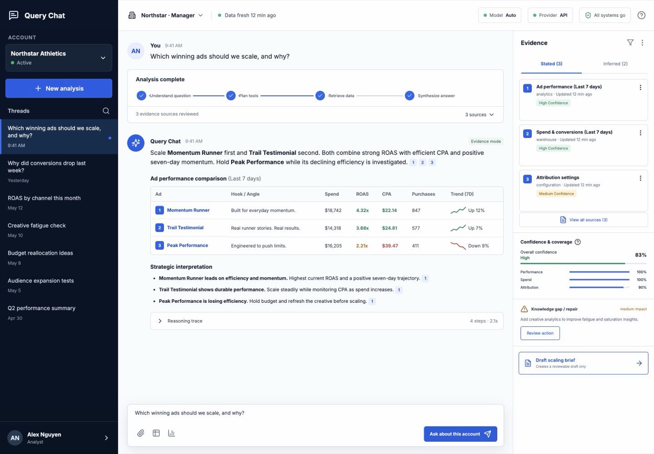 Graph RAG account intelligence workspace showing evidence, coverage and reasoning trace
