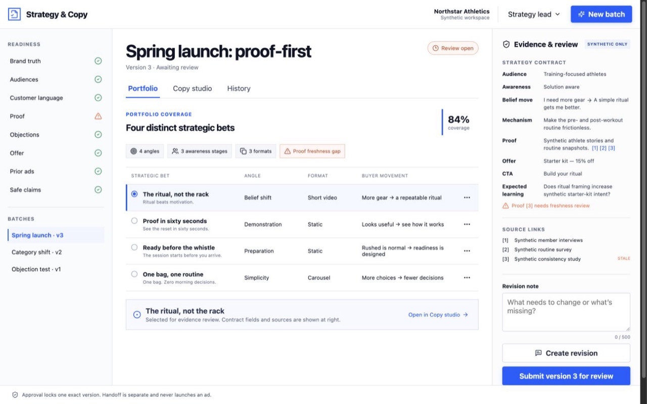 Strategy and copy agent showing a portfolio of distinct campaign strategies