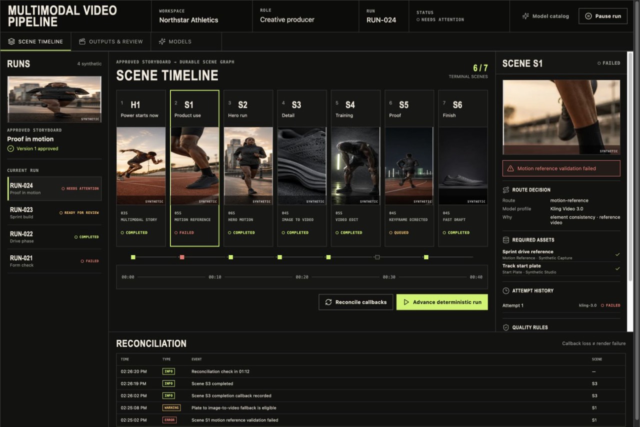 Multimodal video pipeline showing a scene timeline and routing state